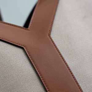 Y Tote Bag Beige Brown Canvas Leather