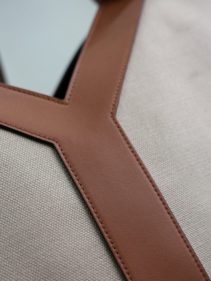 Y Tote Bag Beige Brown Canvas Leather