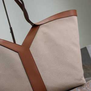 Y Tote Bag Beige Brown Canvas Leather