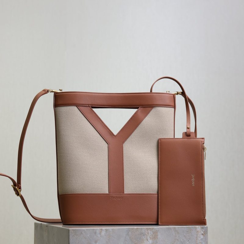 Y Small Bucket 23cm Caramel Beige Canvas Leather