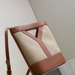 Y Small Bucket 23cm Caramel Beige Canvas Leather