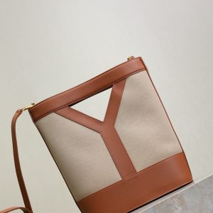 Y Small Bucket 23cm Caramel Beige Canvas Leather