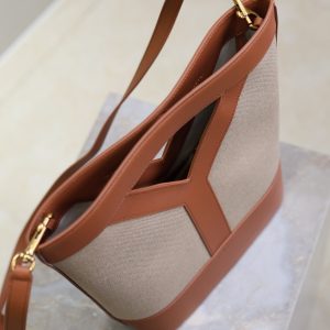 Y Small Bucket 23cm Caramel Beige Canvas Leather