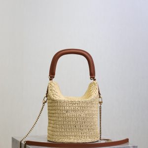 Gaby Bucket 17cm Brown Beige Raffia Leather GHW