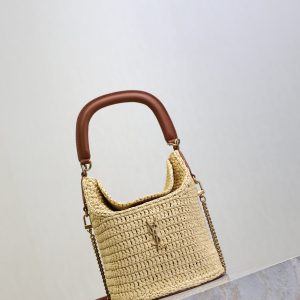Gaby Bucket 17cm Brown Beige Raffia Leather GHW