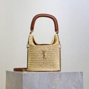 Gaby Bucket 17cm Brown Beige Raffia Leather GHW