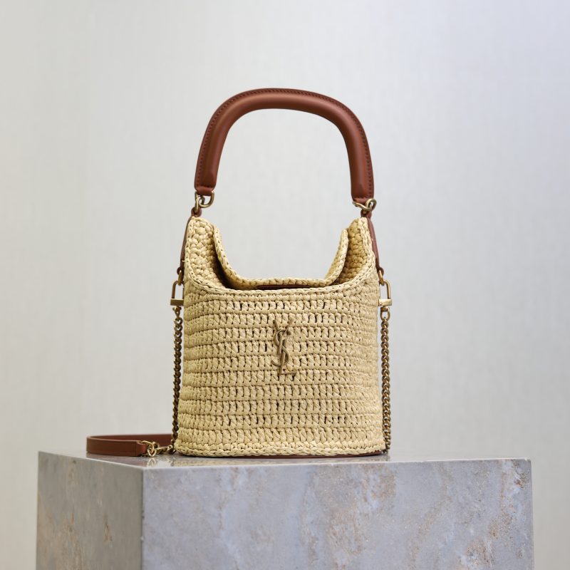 Gaby Bucket 17cm Brown Beige Raffia Leather GHW
