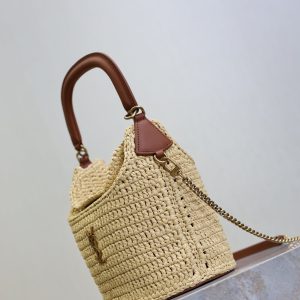 Gaby Bucket 17cm Brown Beige Raffia Leather GHW