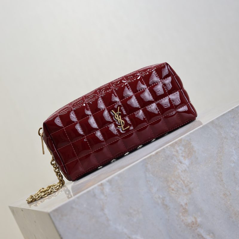 YSL Cassandre Matelassé Chain Clutch 18.5cm Burgundy Patent Leather