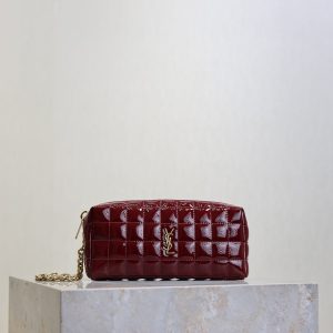 YSL Cassandre Matelassé Chain Clutch 18.5cm Burgundy Patent Leather