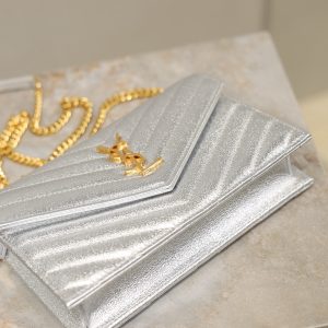 YSL Cassandre Matelassé Envelope Bag Sliver Metalic Leather