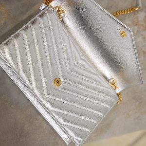 YSL Cassandre Matelassé Envelope Bag Sliver Metalic Leather
