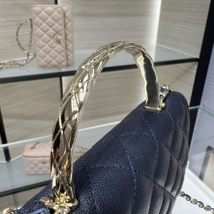 cc 25S Woc Top Handle 19cm Dark Blue Grained Calfskin Light Gold Hardware
