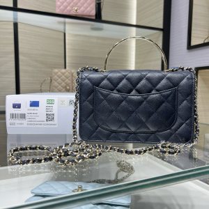 cc 25S Woc Top Handle 19cm Dark Blue Grained Calfskin Light Gold Hardware