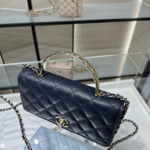 cc 25S Woc Top Handle 19cm Dark Blue Grained Calfskin Light Gold Hardware