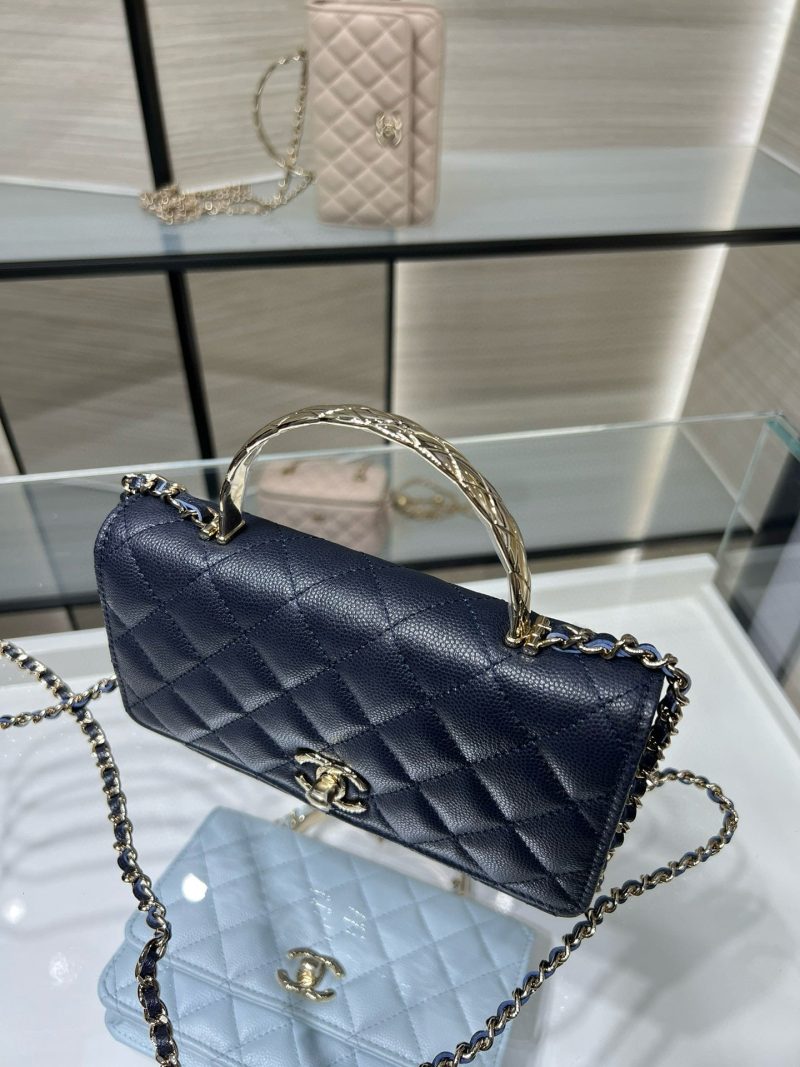 cc 25S Woc Top Handle 19cm Dark Blue Grained Calfskin Light Gold Hardware