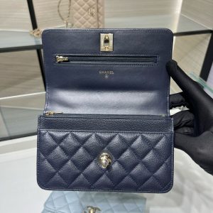 cc 25S Woc Top Handle 19cm Dark Blue Grained Calfskin Light Gold Hardware