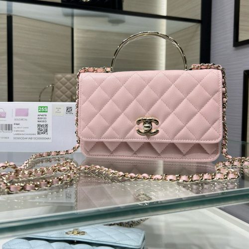 cc 25S Woc Top Handle 19cm Pink Grained Calfskin Light Gold Hardware