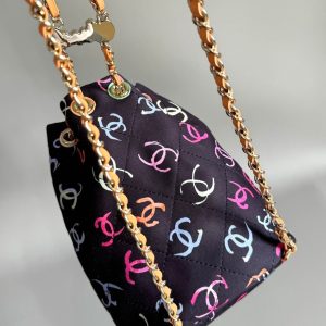 CC BACKPACK 22CM BLACK & MANY OTHER COLORS PRINTED FABRIC GOLD HARDWARE