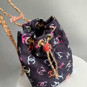 CC BACKPACK 22CM BLACK & MANY OTHER COLORS PRINTED FABRIC GOLD HARDWARE