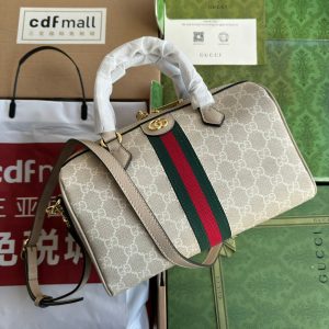 OPHIDIA SMALL TOP HANDLE BAG 26 IN BEIGE WHITE CANVAS AND OAT CALFSKIN TRIM GOLD HARDWARE