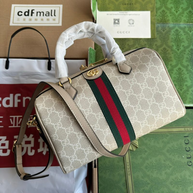 OPHIDIA SMALL TOP HANDLE BAG 26 IN BEIGE WHITE CANVAS AND OAT CALFSKIN TRIM GOLD HARDWARE