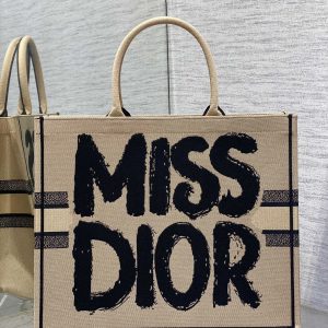 LARGE BOOK TOTE 42 BEIGE AND BLACK MISS DIOR GRAFFITI EMBROIDERY