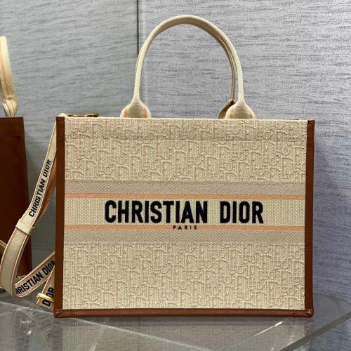 Medium Book Tote 37 Beige Oblique Embroidered Raffia Camel Calfskin