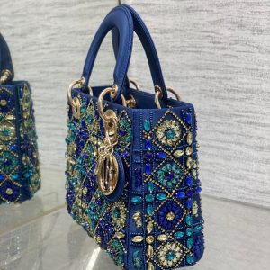 CD Lady Bag 20cm Blue Lambskin Crystal Embellished