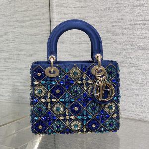 CD Lady Bag 20cm Blue Lambskin Crystal Embellished