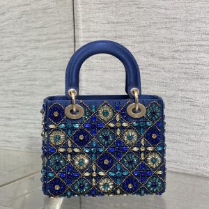 CD Lady Bag 20cm Blue Lambskin Crystal Embellished