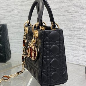 CD Lady Bag 20cm Black Lambskin Brown Charm