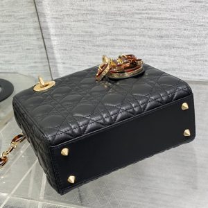 CD Lady Bag 20cm Black Lambskin Brown Charm