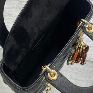 CD Lady Bag 20cm Black Lambskin Brown Charm