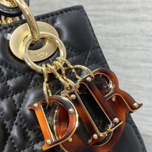 CD Lady Bag 20cm Black Lambskin Brown Charm