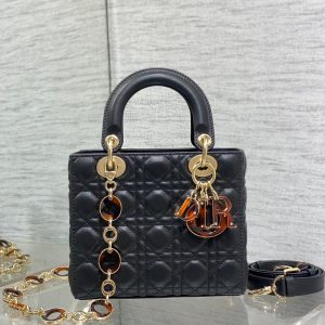 CD Lady Bag 20cm Black Lambskin Brown Charm