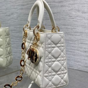 CD Lady Bag 20cm White Lambskin Brown Charm