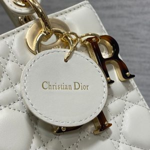 CD Lady Bag 20cm White Lambskin Brown Charm