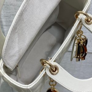 CD Lady Bag 20cm White Lambskin Brown Charm