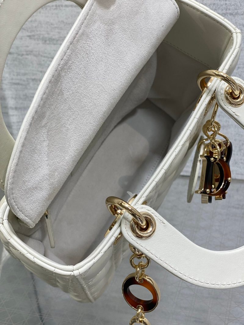 CD Lady Bag 20cm White Lambskin Brown Charm