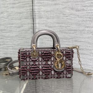 MINI LADY BAG 16 IN WENGE BROWN SATIN AND CALFSKIN WITH BEADED DESIGN