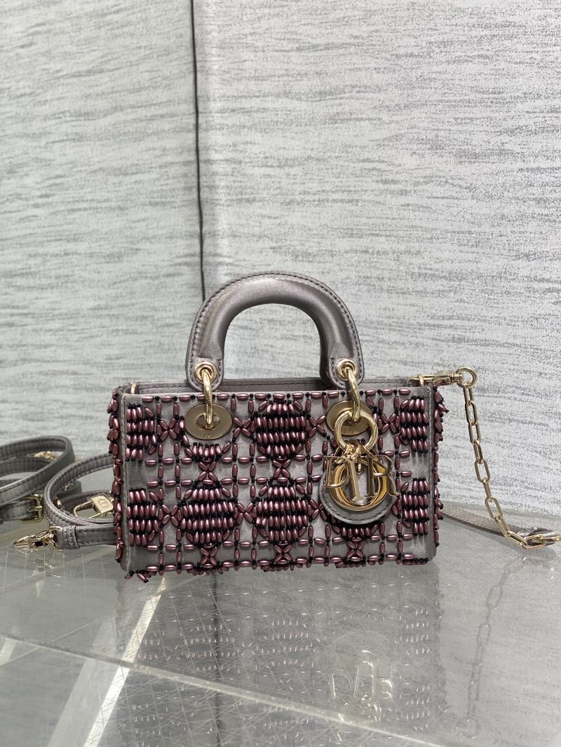 MINI LADY BAG 16 IN WENGE BROWN SATIN AND CALFSKIN WITH BEADED DESIGN