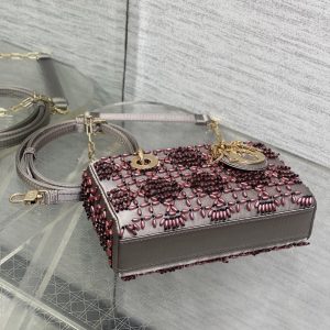 MINI LADY BAG 16 IN WENGE BROWN SATIN AND CALFSKIN WITH BEADED DESIGN