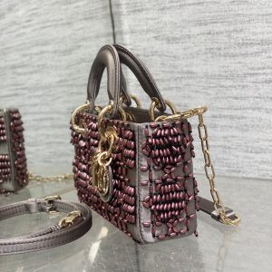 MINI LADY BAG 16 IN WENGE BROWN SATIN AND CALFSKIN WITH BEADED DESIGN