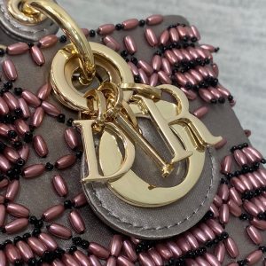 MINI LADY BAG 16 IN WENGE BROWN SATIN AND CALFSKIN WITH BEADED DESIGN