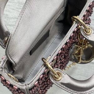 MINI LADY BAG 16 IN WENGE BROWN SATIN AND CALFSKIN WITH BEADED DESIGN