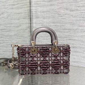 MINI LADY BAG 16 IN WENGE BROWN SATIN AND CALFSKIN WITH BEADED DESIGN