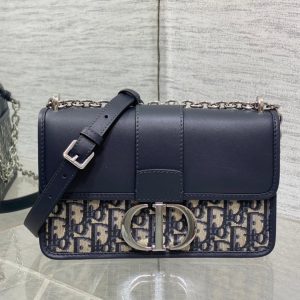 MONTAIGNE EAST-WEST 25 BAG WITH CHAIN IN NAVY BLUE LAMBSKIN AND MONOGRAM JACQUARD