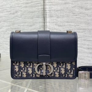 MONTAIGNE EAST-WEST 21 BAG WITH CHAIN IN NAVY BLUE LAMBSKIN AND MONOGRAM JACQUARD