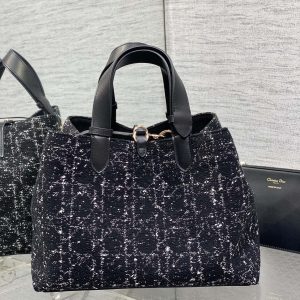 MEDIUM 28 TOUJOURS BAG IN BLACK MIX WHITE CANNAGE TWEED WITH GOLD HARDWARE